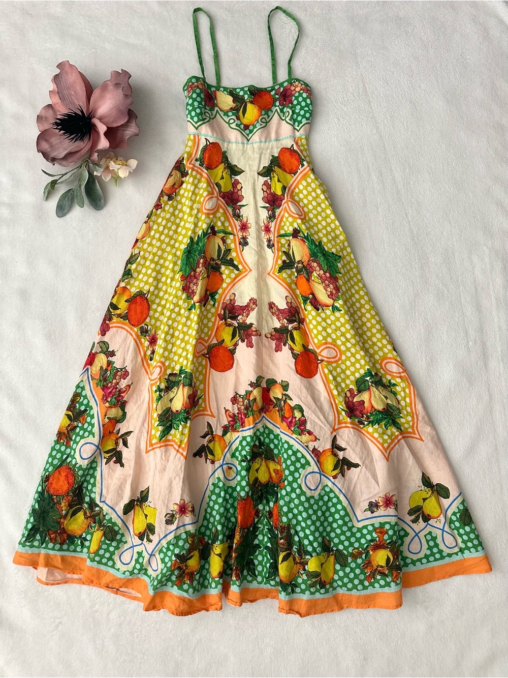 Alemais Lemonis European Flax Linen Fruit Print Midi Sun Dress Size AUS 6/US 2